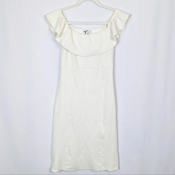 ZARA Textured Weave Sheath Midi Dress Ruffle Off The Shoulder Bridal Wedding M - Picture 6 of 10